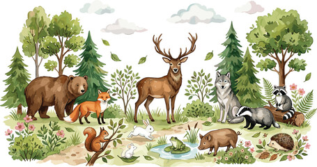Obraz premium Watercolor Woodland Animals in Forest Vector Illustration Set with Deer Bear Wolf Fox and Trees for Kids Nursery Wall Art and Nature Designs