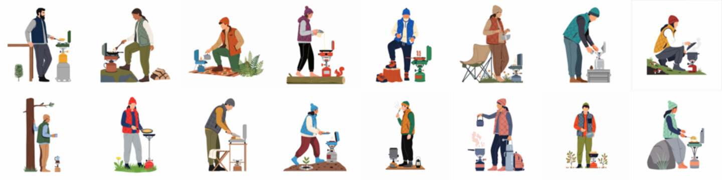 Set of flat vector illustrations featuring diverse people cooking outdoor meals using portable camping stoves while hiking and camping in nature.
