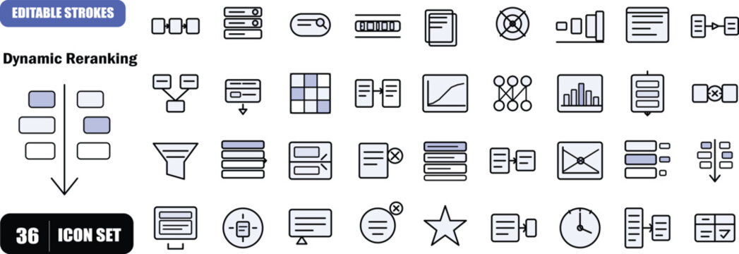 A premium icon set of 36 flat outline icons covering dynamic reranking and cross-encoder models in retrieval-augmented generation pipelines. Designed for AI, machine learning, and NLP brand identity p