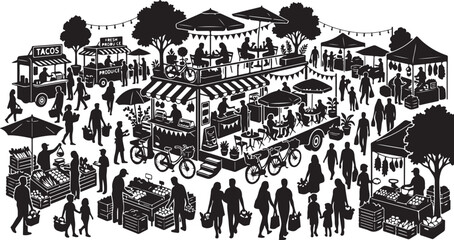 Obraz premium Outdoor market scene, black and white vector illustration, festival crowd, food stalls, vendor booths