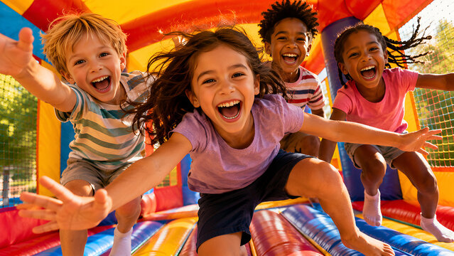 Excited kids jumping inside inflatable bounce house during outdoor summer activity
