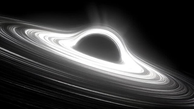 Black hole, fantasy, mysterious. A black and white digital artwork depicts a swirling vortex of light and shadow. The vortex is composed of a series of concentric circles.