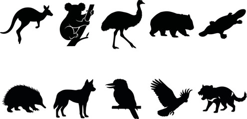 Black silhouettes of various australian animals on white background © SAYEDAJANNATUL