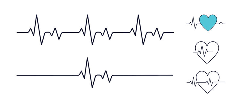 Heartbeat Signal Collection: A visual compilation showcasing diverse electrocardiogram (ECG) or EKG waveforms, including stylized heart shapes integrated with heartbeat lines.