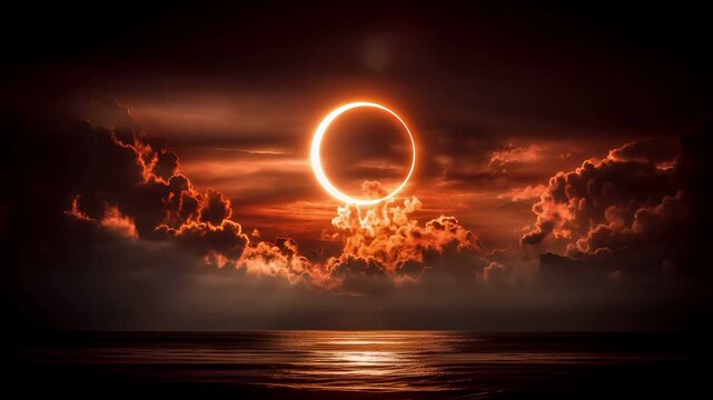 Eclipse, fantasy, mysterious, supernatural. A vivid depiction of a celestial scene during a total solar eclipse. The sky is ablaze with fiery oranges, reds, and purples.