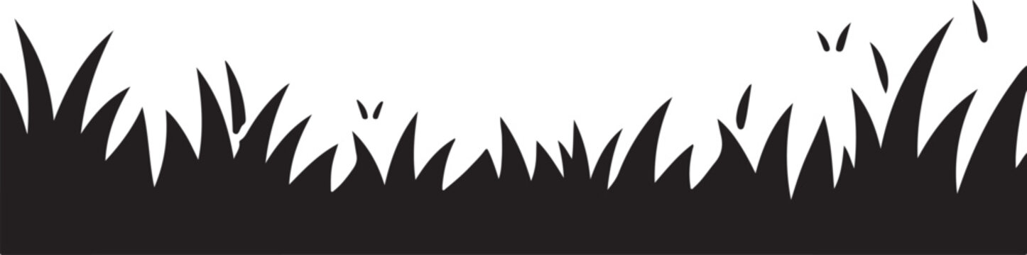 Black silhouette of tall grass blades with small flying insects in a simple minimalist nature landscape design illustration
