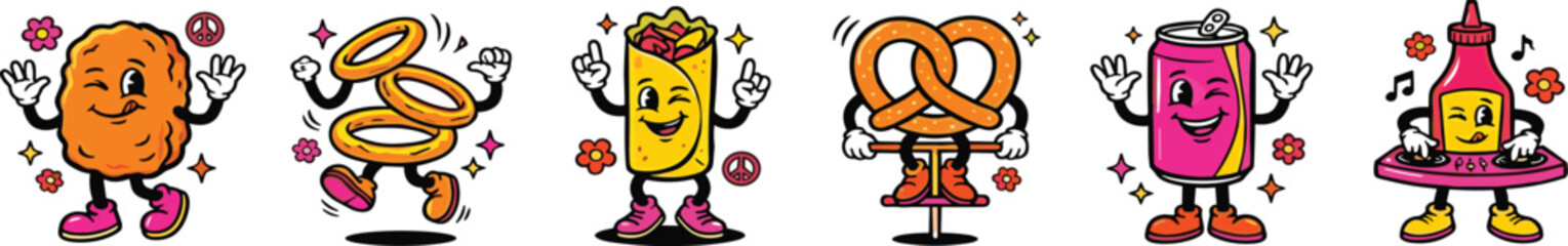 Fototapeta premium Retro Groovy Fast Food Snack Cartoon Character Vector Set with Psychedelic Pretzel Burrito Onion Rings and Soda for Trendy Sticker Designs
