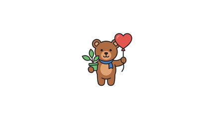 Cute Teddy Bear Holding Heart Balloon and Plant Illustration © felixde