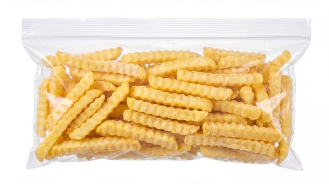 Plastic bag filled with frozen crinkle cut potato fries presented in a clear on white background