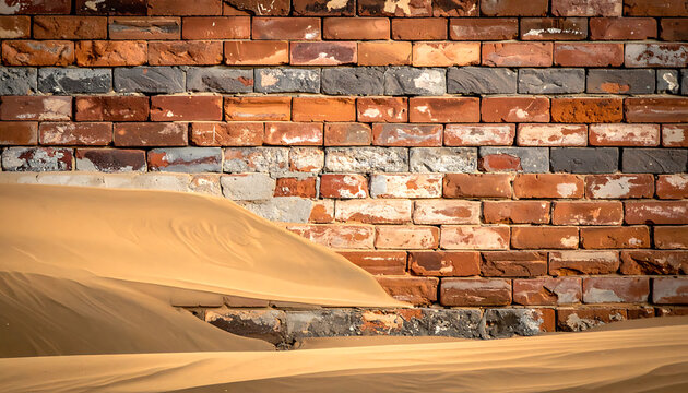 Weathered brick wall partially covered by sand dunes, representing decay and natural encroachment