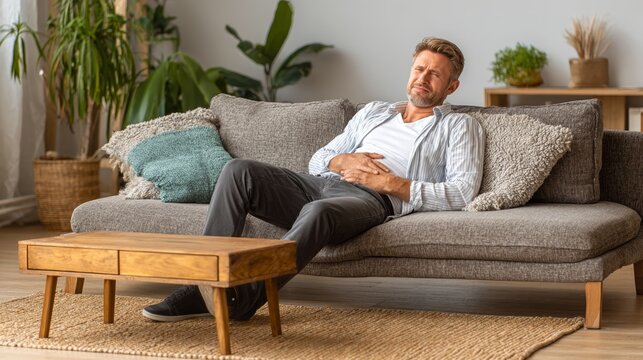 A man grimaces in pain while clutching his stomach on a sofa, serving as a background for health awareness.