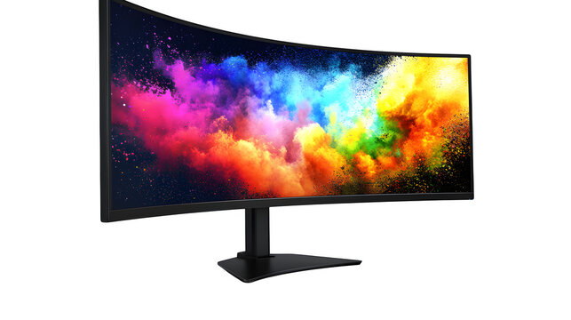 Ultra-wide curved computer monitor, premium electronic display for gaming and professional work, isolated on white background