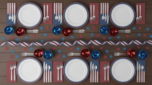 Table setting decorated for a patriotic holiday celebration features plates and silverware on a wooden surface.