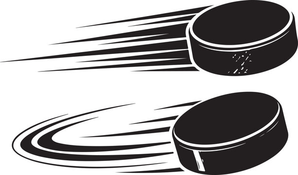 Two fast hockey pucks moving quickly with motion blur lines for ice hockey sports design and game graphics