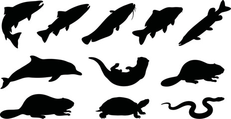Collection of various animal silhouettes on white background © SAYEDAJANNATUL