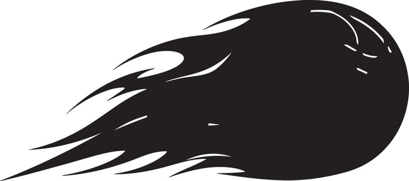 Black silhouette of a fast moving comet or fireball with a long trail of flames in a simple flat style