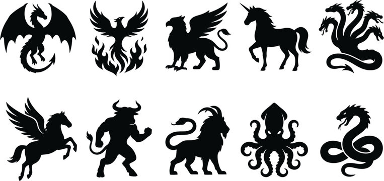 Collection of mythical creatures and animals in silhouette on white background