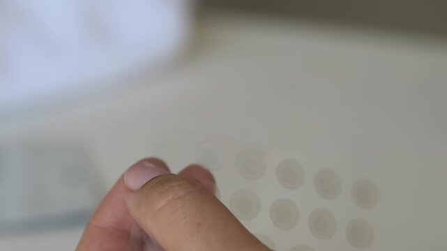 Female hands removing invisible acne patch from cosmetic sheet for facial skincare use. Commercial beauty concept focused on blemish protection, clear skin and dermatology care products. Korean beauty