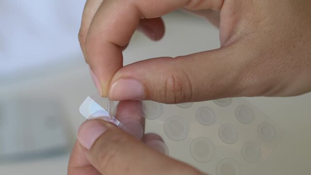 Woman removing transparent hydrocolloid patch from skincare sheet before use. Commercial concept for cosmetic usability, dermatology beauty products and acne care innovations.