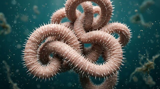 Microscopic worm, parasitic nematode, roundworm, spiny texture, underwater