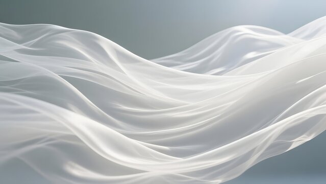 Elegant white silk fabric flowing in motion, ethereal translucent cloth waves on grey background, luxury textile material for fashion and beauty branding