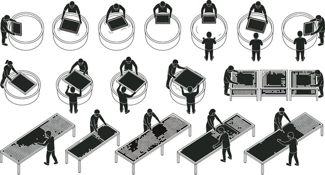 Set of people working in a screen printing workshop, manual textile printing process, flat vector illustration isolated on white background