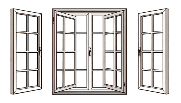 Three white framed windows, one closed and two open, showing different perspectives and a clean, architectural design