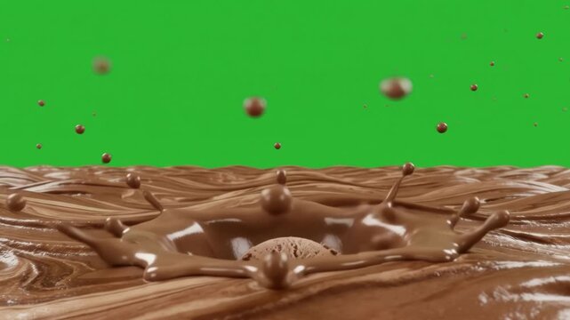 Chocolate ice cream scoop falls into creamy dessert on green screen, brown food element for ads, menus, summer, and compositing.