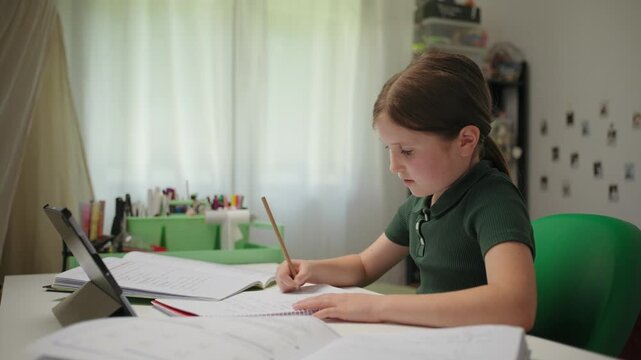A diligent young girl sits at her desk at home, writing in a notebook with a pencil while following an online lesson on a digital tablet.