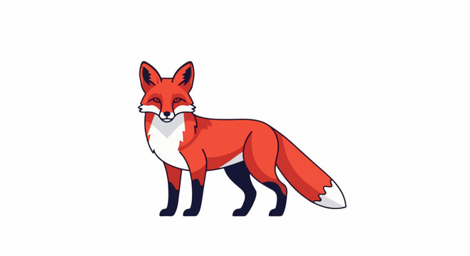A stylized red fox with white markings stands alert on a white background, its bushy tail curved