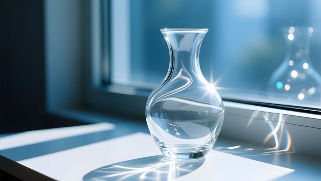 Elegant glass vase on windowsill, transparent crystal carafe with sunlight reflections, minimalist home decor in blue morning light