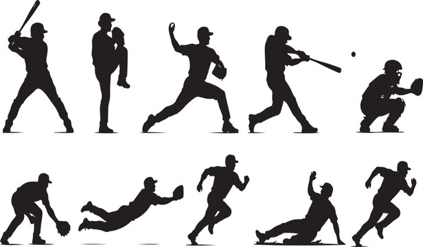 Set of black silhouettes of baseball players showing various actions like pitching batting running and catching the ball