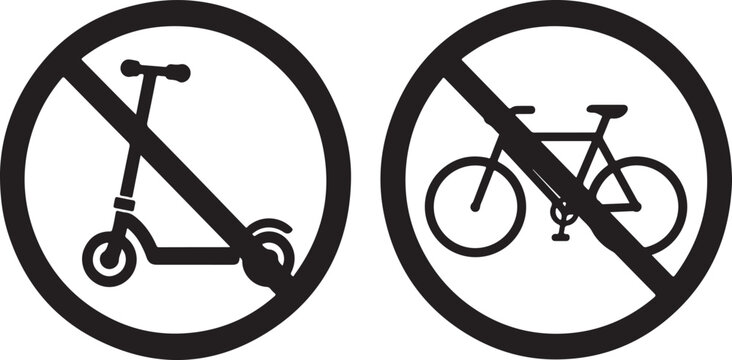 No electric scooter and no bicycle allowed sign icons with black symbols in circles
