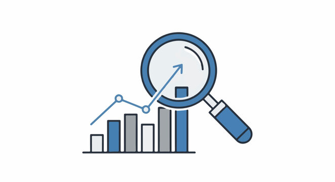 Magnifying glass over a bar chart with an upward trend line