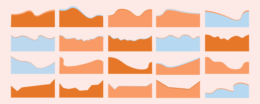 Vector set of abstract orange and blue wave charts on a light background, showcasing various data visualization styles.