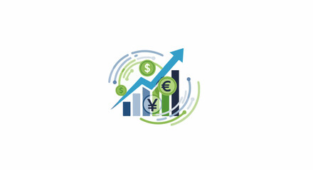 Fototapeta premium Stylized growth chart with currency symbols and upward arrow, abstract design
