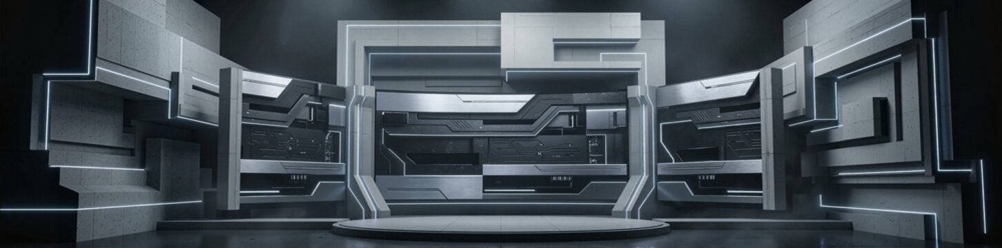 Futuristic news studio set with sleek geometric design and glowing blue accents, ideal for chroma key video or photo production.