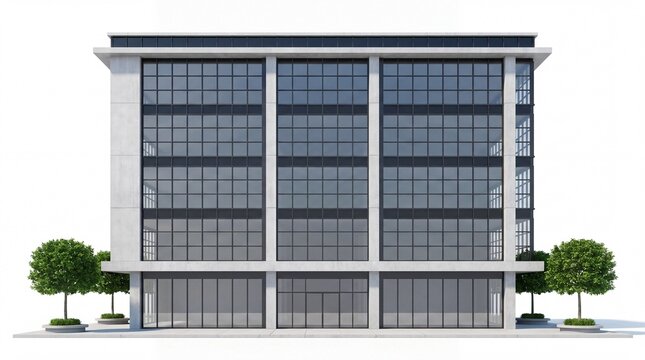 Modern industrial office building facade featuring large glass windows and concrete structure on white background