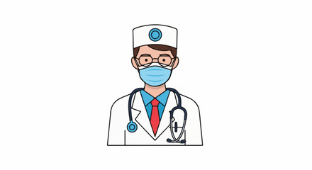 Fototapeta premium A cartoon doctor with glasses, face mask, stethoscope, and lab coat
