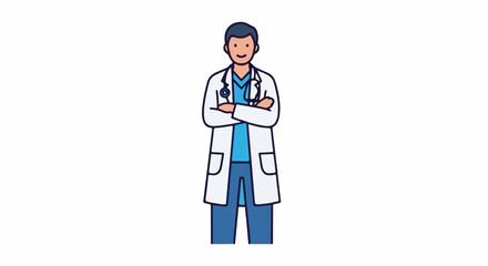 Fototapeta premium A male doctor in a lab coat with crossed arms and a stethoscope