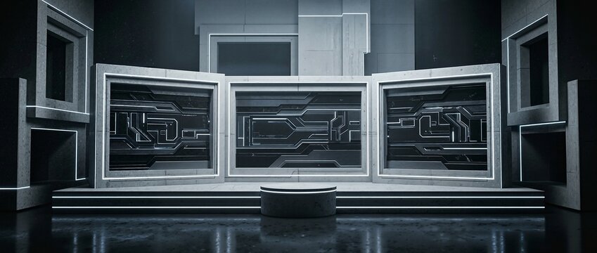 A futuristic news studio set with illuminated panels and a central podium, designed for green screen or chroma key production.