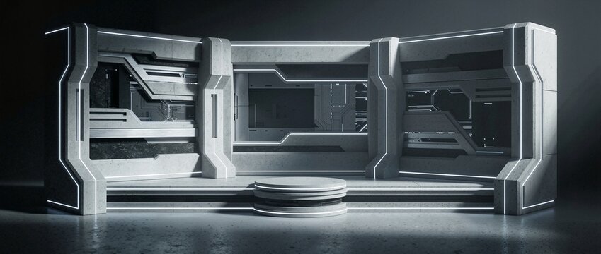 Futuristic news studio set with sleek geometric design and glowing neon accents, ideal for chroma key video or photo production.