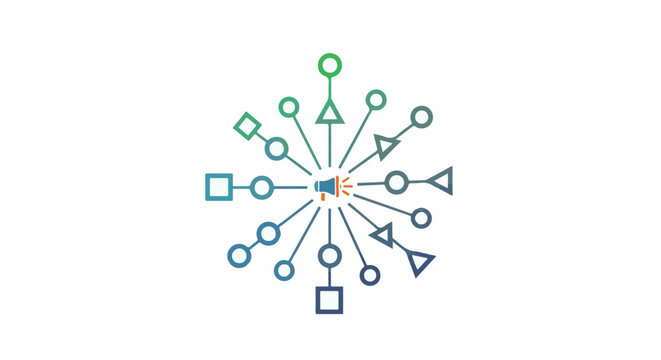 A central megaphone icon emits lines connecting to various geometric shapes, forming a radial network