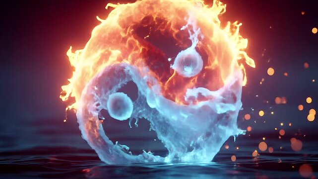 Yin Yang, Chinese philosophy, harmony, balance, Taoism. A vivid digital artwork depicts a fiery, swirling vortex of water. The vortex is a mesmerizing blend of orange, red, and blue hues.