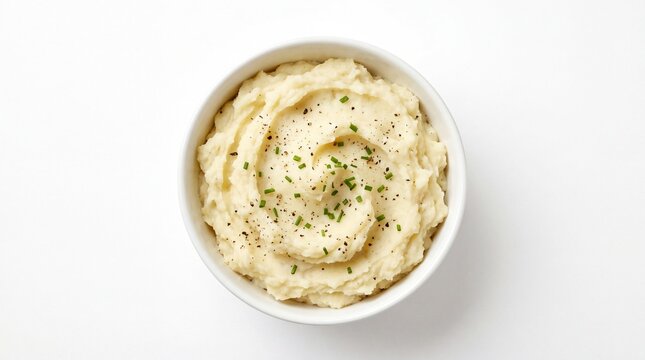 Creamy mashed potatoes served in a white ceramic bowl topped with chives on white background