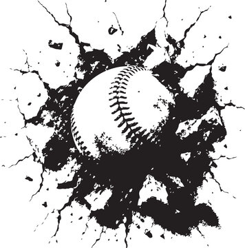 Baseball ball hitting and cracking a hard surface with powerful impact in black and white ink style
