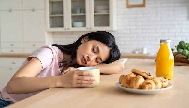 Tired young woman resting head on arm holding mug at kitchen counter with breakfast pastries and juice, feeling exhausted