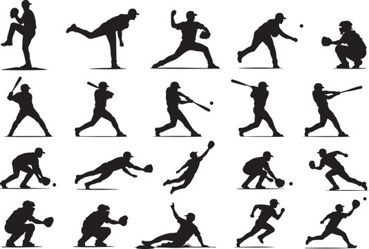 Set of baseball player silhouettes showing various actions like pitching batting running and catching the ball