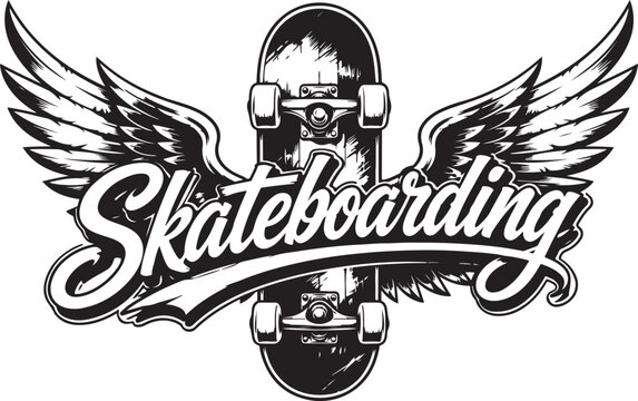 Black and white vintage emblem featuring a skateboard with large detailed wings and the word skateboarding in script font
