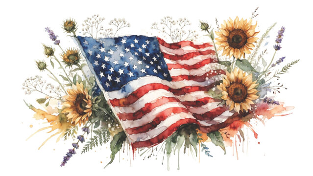 American flag intertwined with a lush arrangement of blooming wildflowers vector background